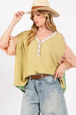Hazel Blues® |  SAGE   FIG Color Block Bubble Sleeve Top