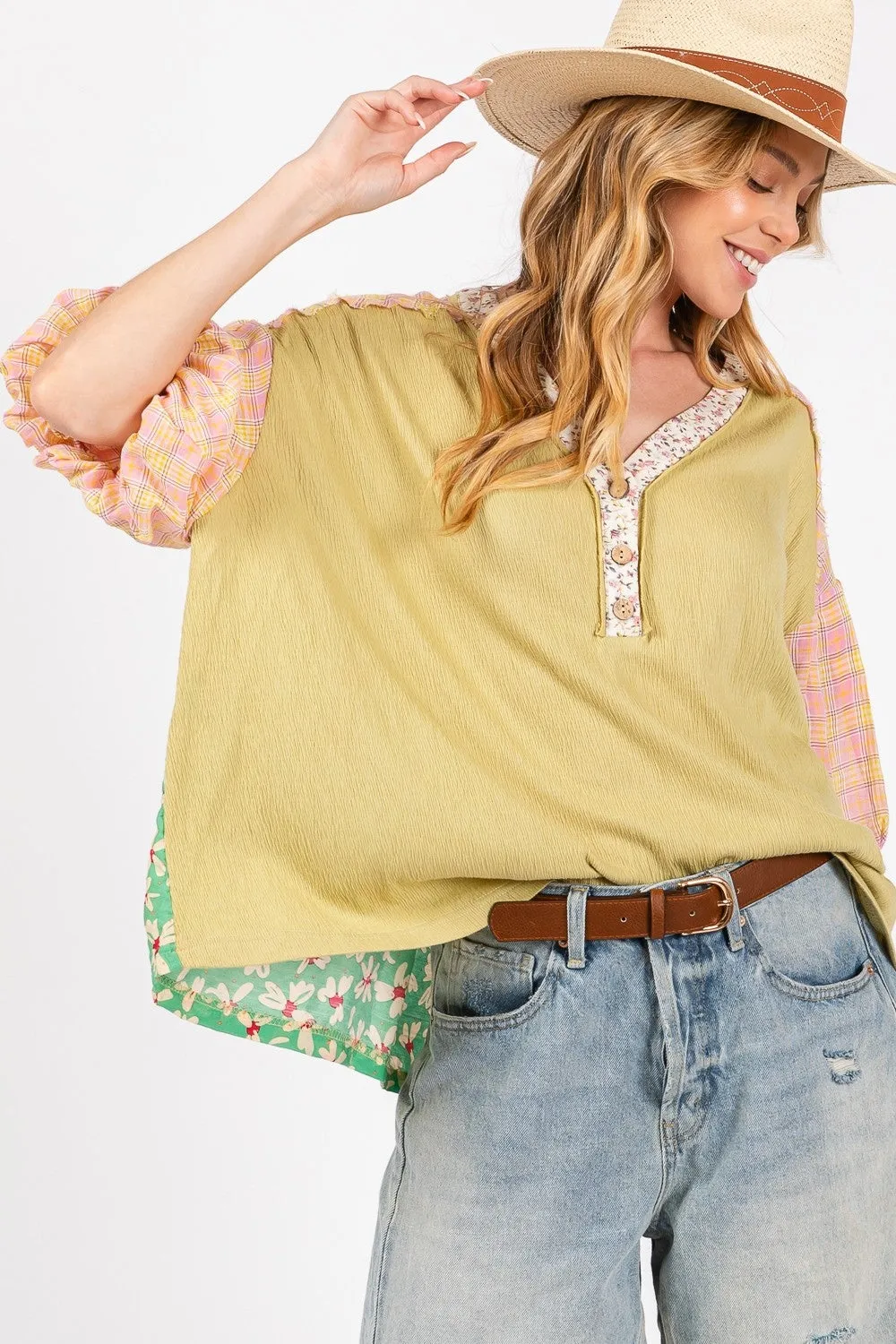 Hazel Blues® |  SAGE   FIG Color Block Bubble Sleeve Top