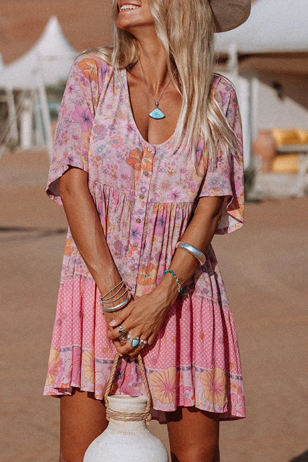 Hibiscus Floral Print Ruffle Short Dress