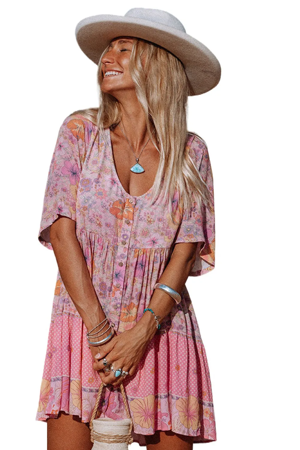 Hibiscus Floral Print Ruffle Short Dress