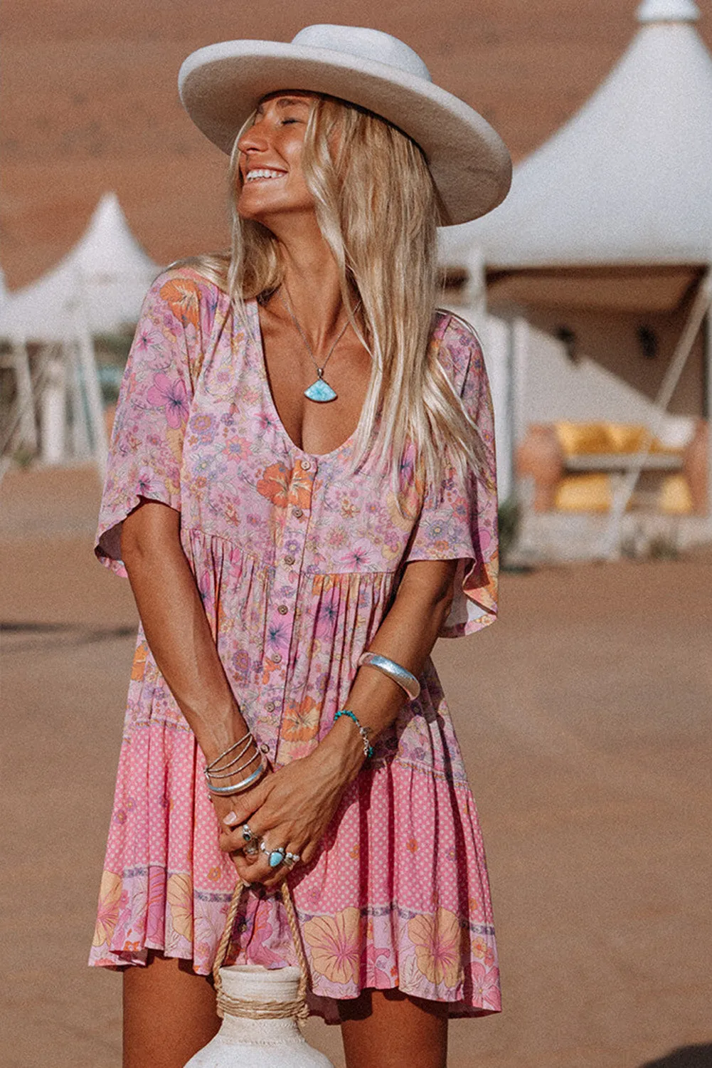 Hibiscus Floral Print Ruffle Short Dress