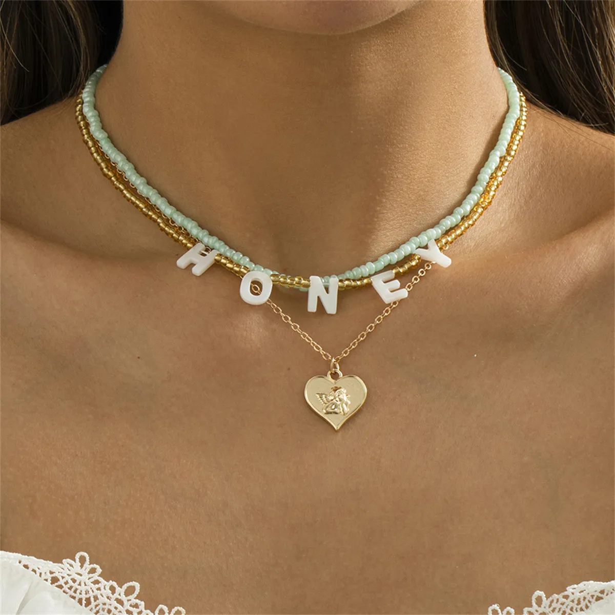 Howlite & Acrylic 18K Gold-Plated 'Honey' Angel Heart Pendant Necklace Set