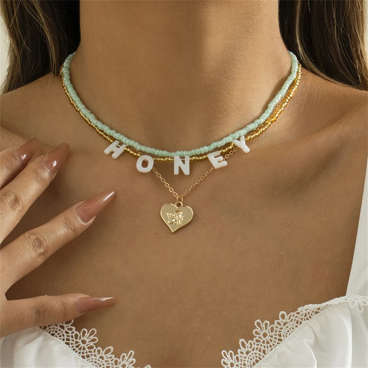 Howlite & Acrylic 18K Gold-Plated 'Honey' Angel Heart Pendant Necklace Set