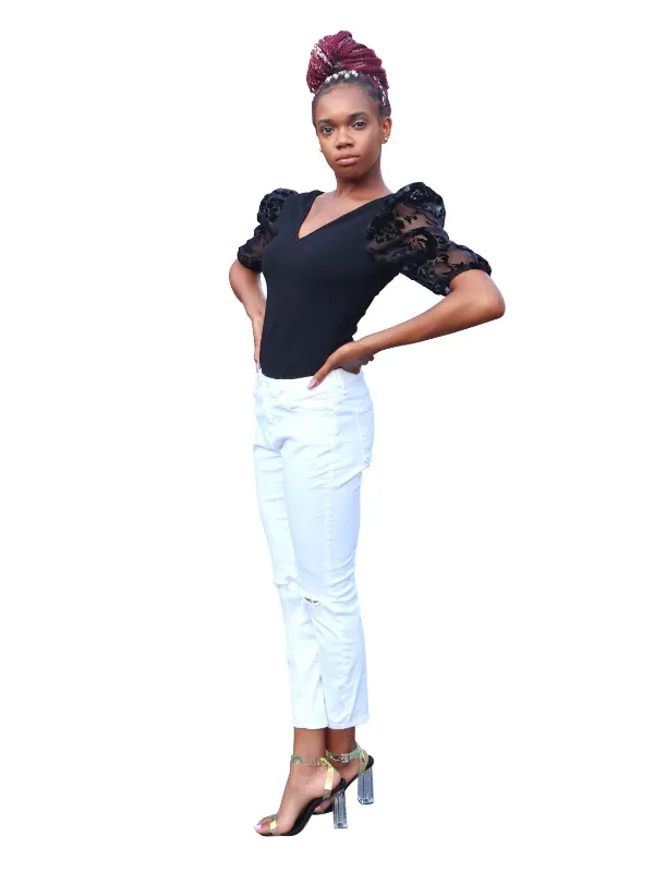 In My Bag- sheer sleeve plunge neck bodysuit