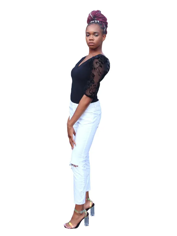 In My Bag- sheer sleeve plunge neck bodysuit