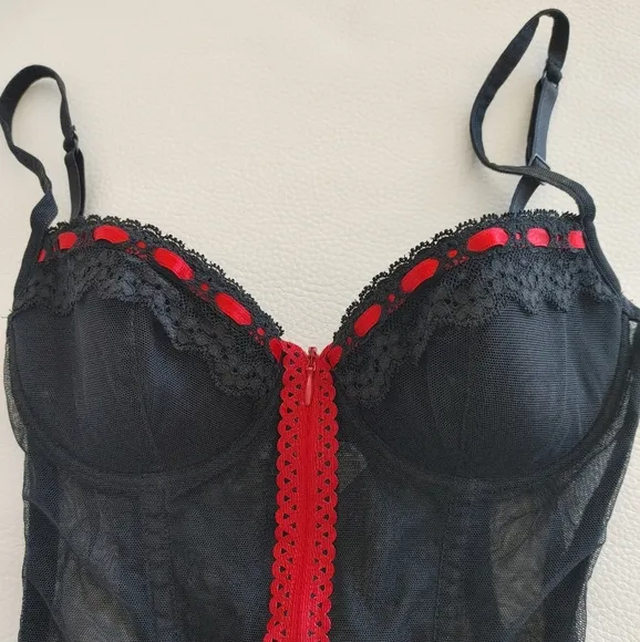 Intimissimi Vintage Mesh and Lace Bustier with Zipper - Red and Black - Small