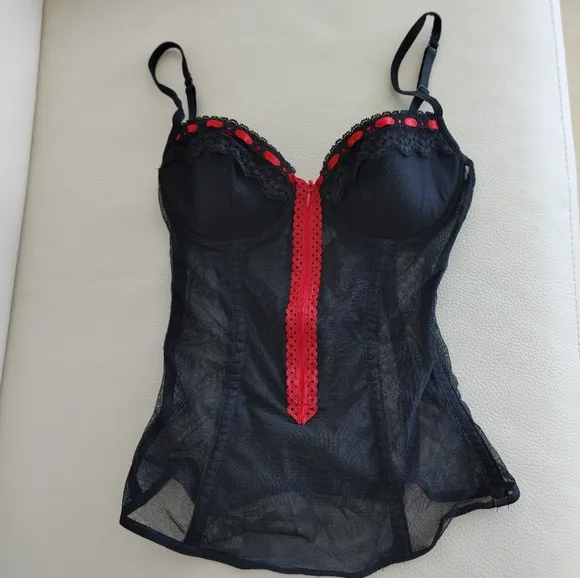 Intimissimi Vintage Mesh and Lace Bustier with Zipper - Red and Black - Small
