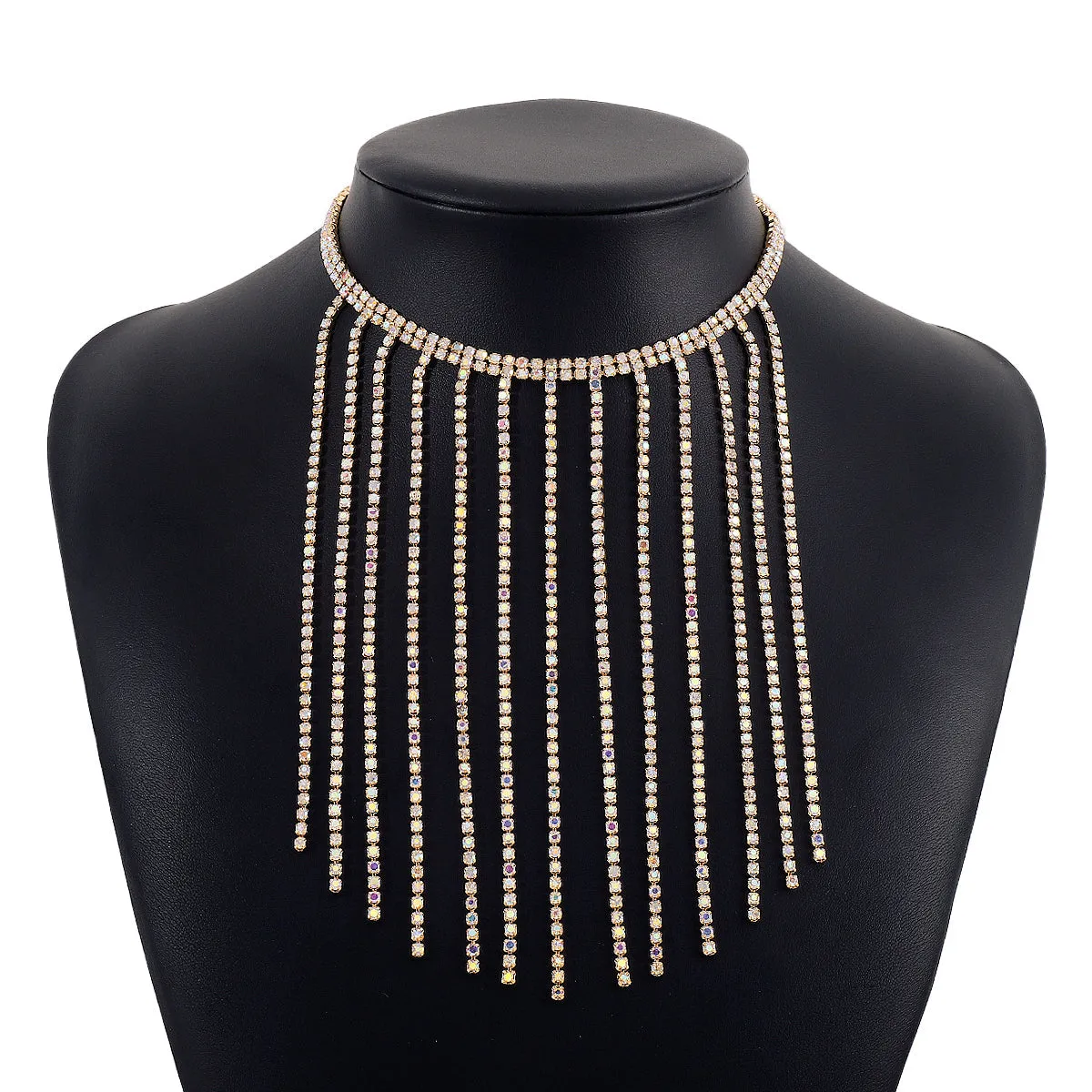 Iridescent Cubic Zirconia & 18K Gold-Plated Tassel Choker