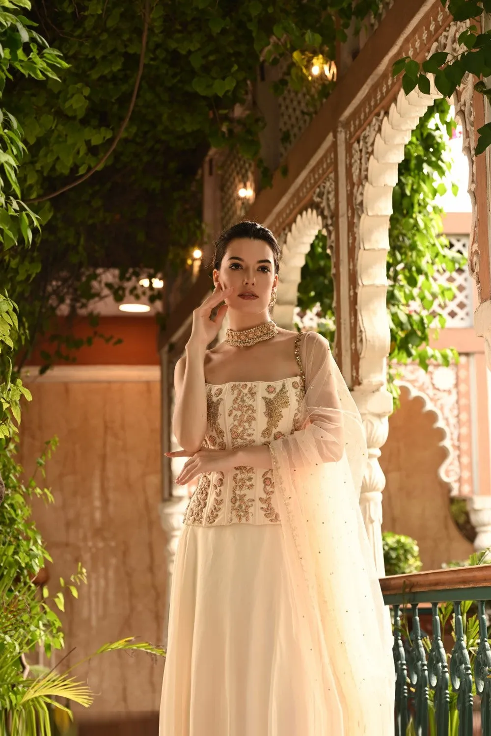 Ivory Lehenga Set With Hand Embroidered