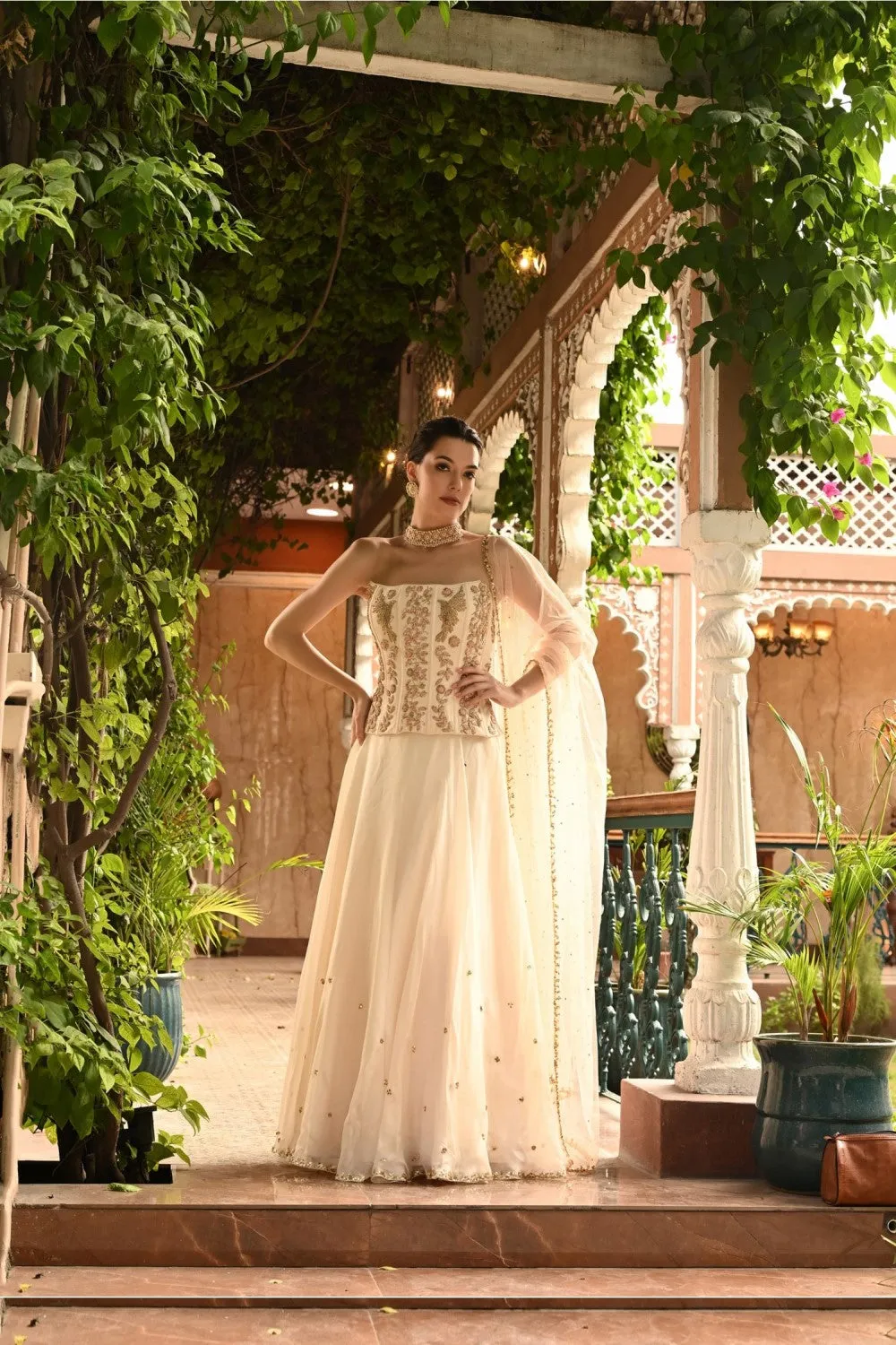 Ivory Lehenga Set With Hand Embroidered