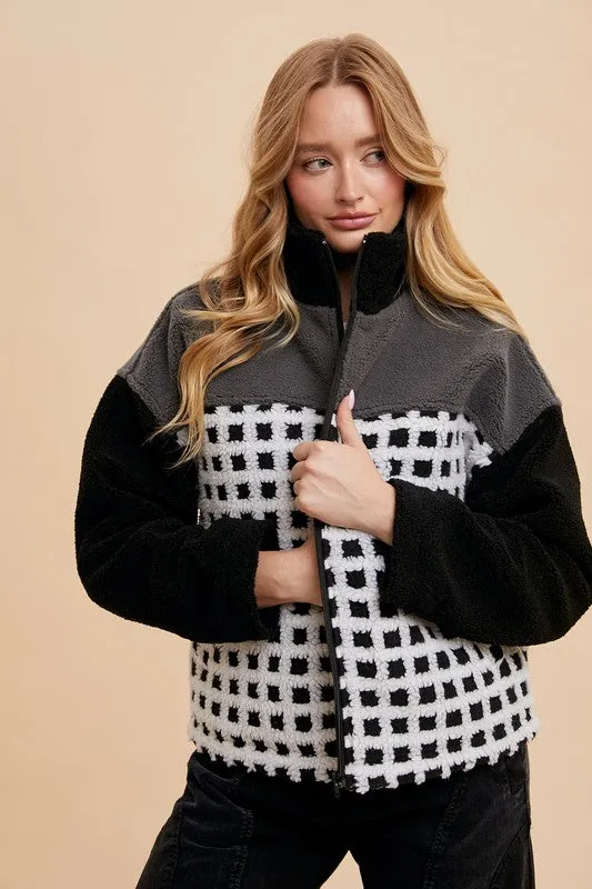 Ivory/Black Plaid Zip Up Drop Shoulder Sherpa Jacket