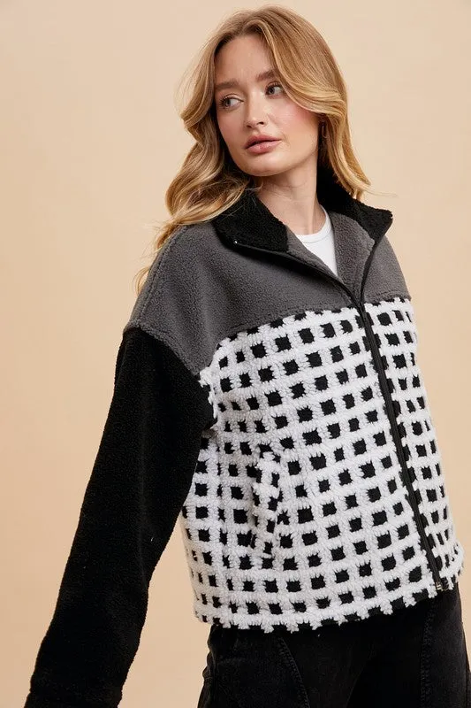 Ivory/Black Plaid Zip Up Drop Shoulder Sherpa Jacket