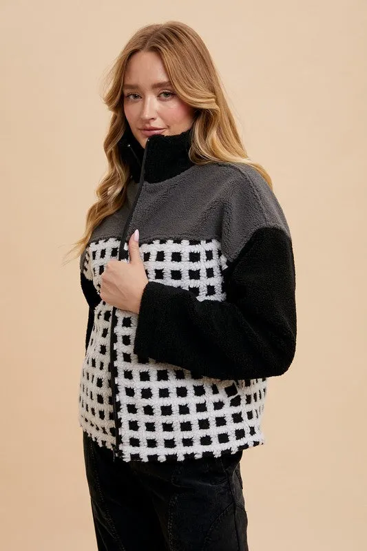 Ivory/Black Plaid Zip Up Drop Shoulder Sherpa Jacket