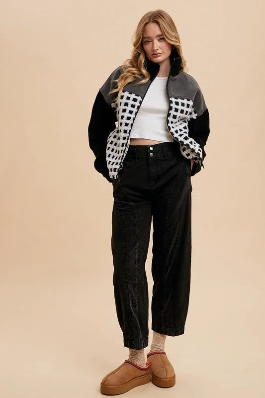 Ivory/Black Plaid Zip Up Drop Shoulder Sherpa Jacket
