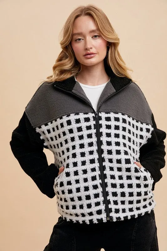 Ivory/Black Plaid Zip Up Drop Shoulder Sherpa Jacket
