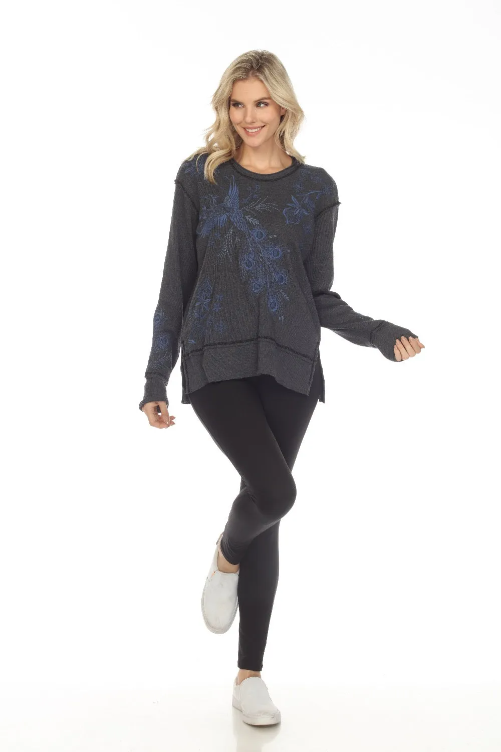 Johnny Was JWLA Azure Raw Seam Oversized Thermal Sweatshirt Boho Chic J13922
