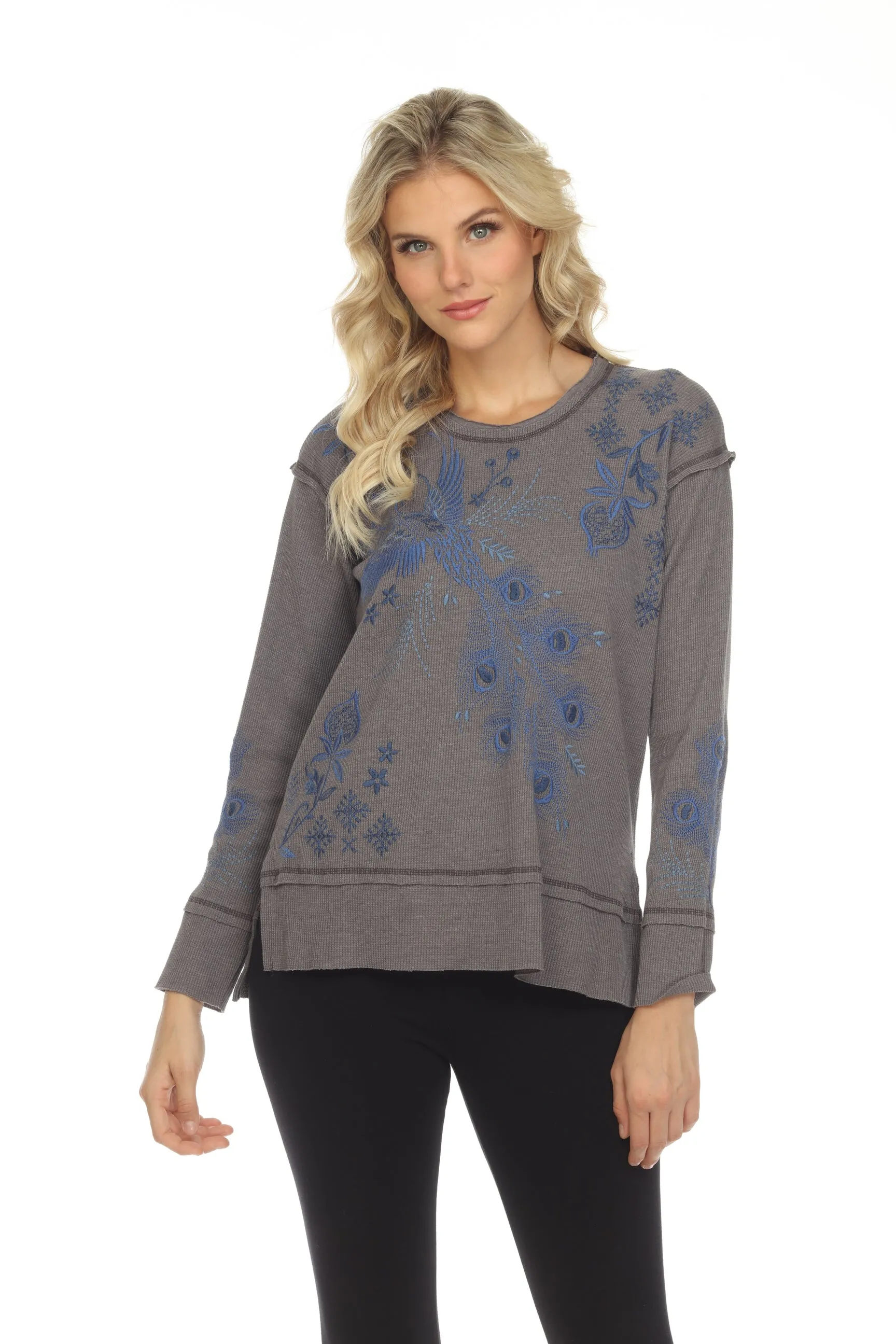 Johnny Was JWLA Azure Raw Seam Oversized Thermal Sweatshirt Boho Chic J13922