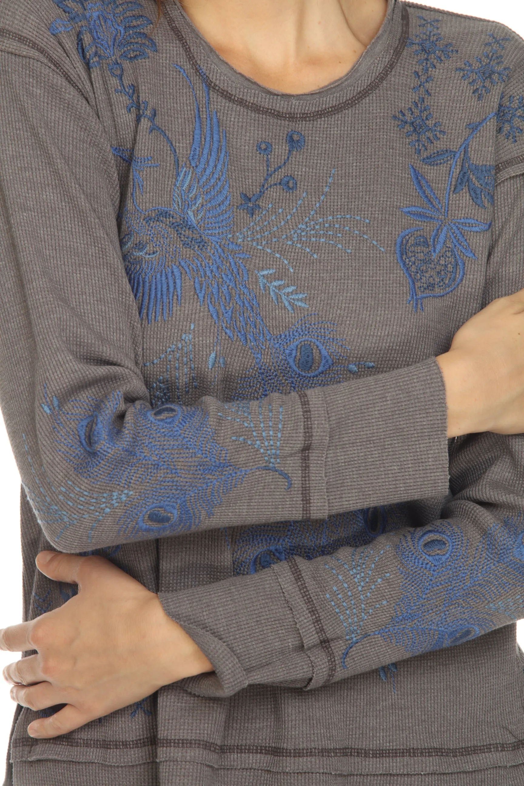 Johnny Was JWLA Azure Raw Seam Oversized Thermal Sweatshirt Boho Chic J13922