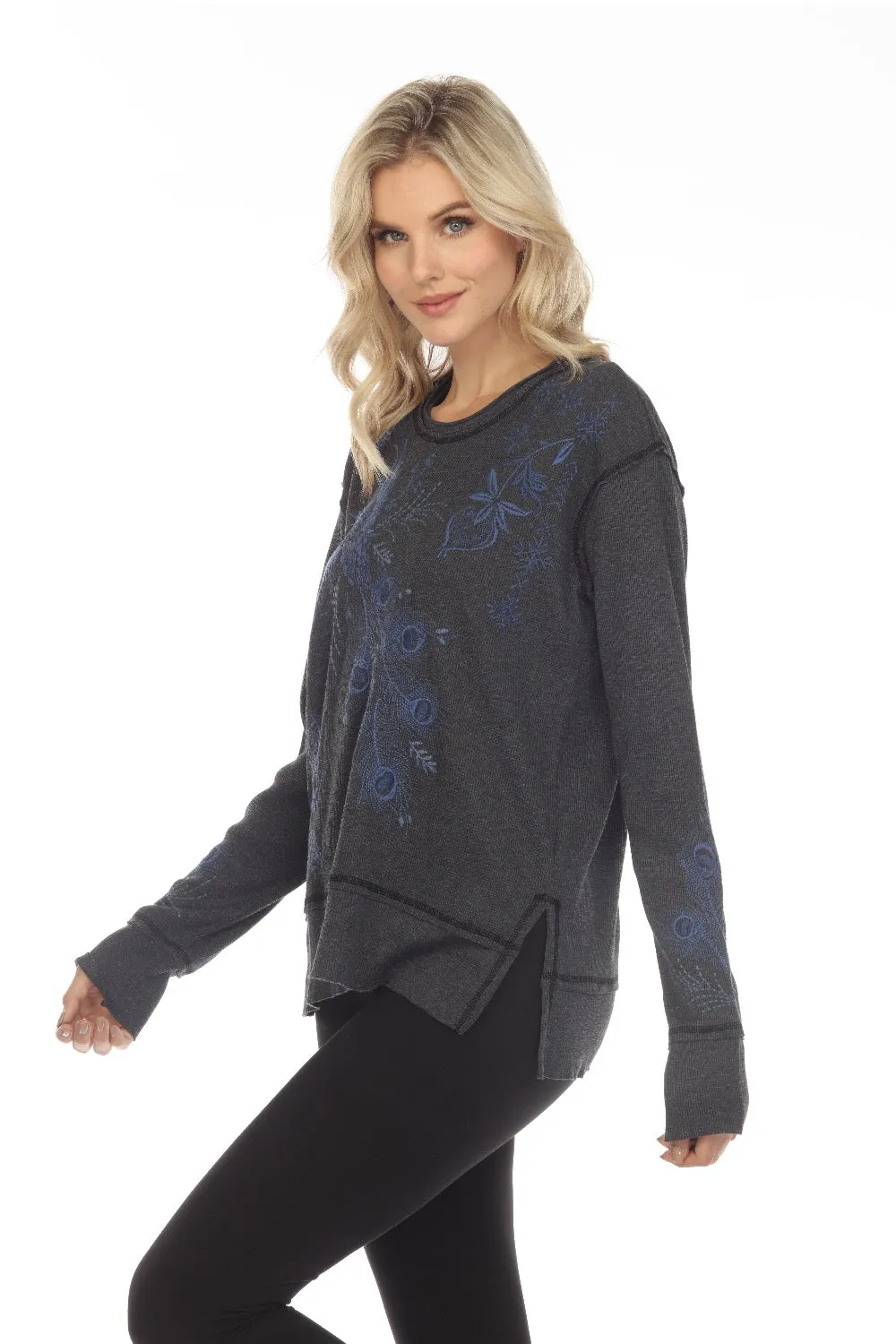 Johnny Was JWLA Azure Raw Seam Oversized Thermal Sweatshirt Boho Chic J13922
