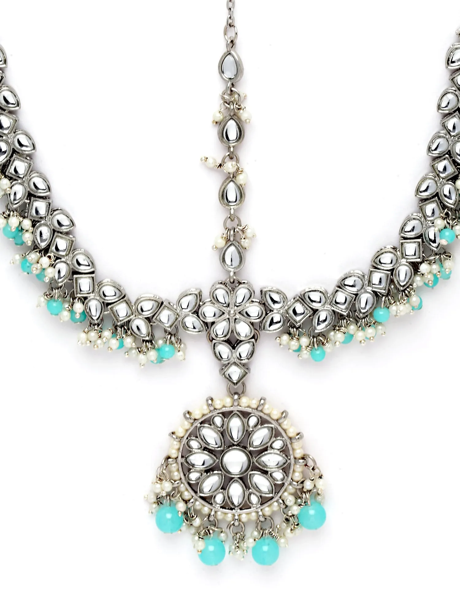Karatcart Gold Plated Light Blue Beads Studded Kundan Mathapatti for Women