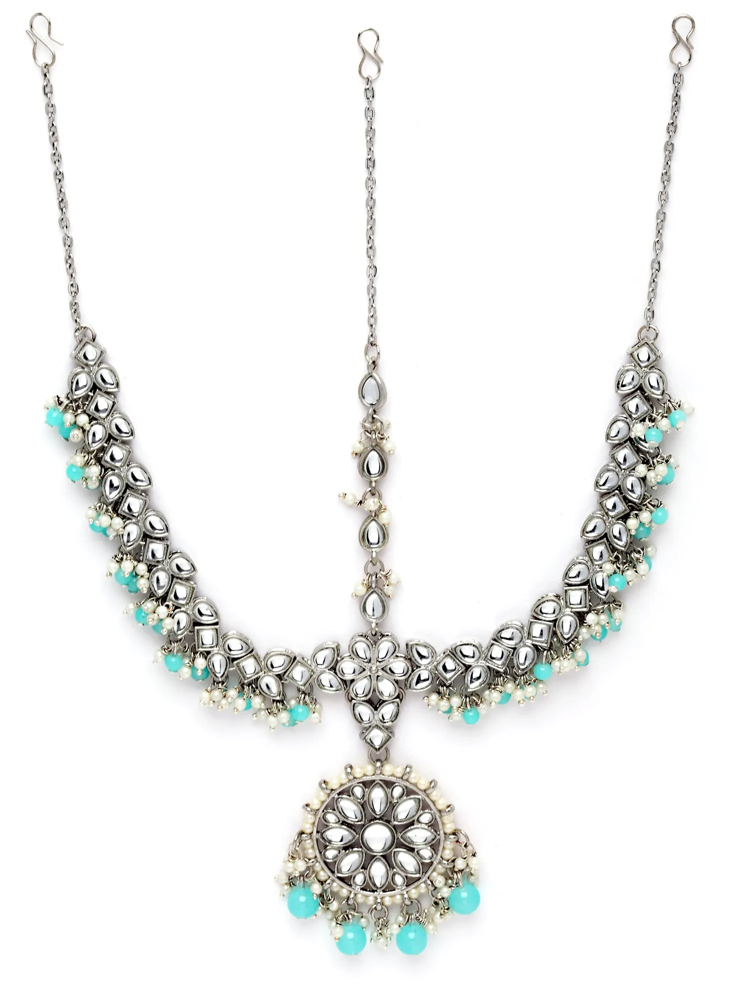 Karatcart Gold Plated Light Blue Beads Studded Kundan Mathapatti for Women