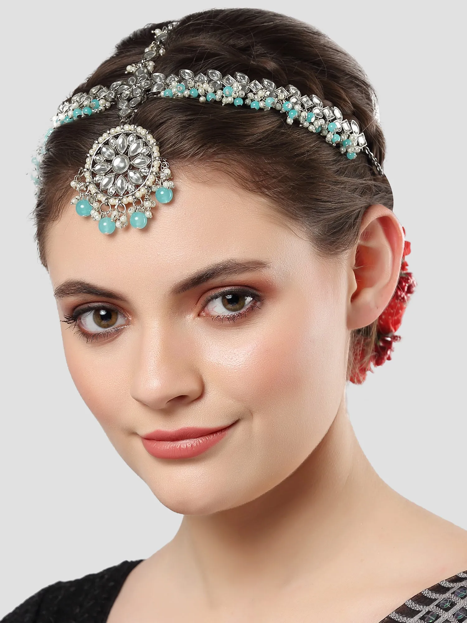 Karatcart Gold Plated Light Blue Beads Studded Kundan Mathapatti for Women