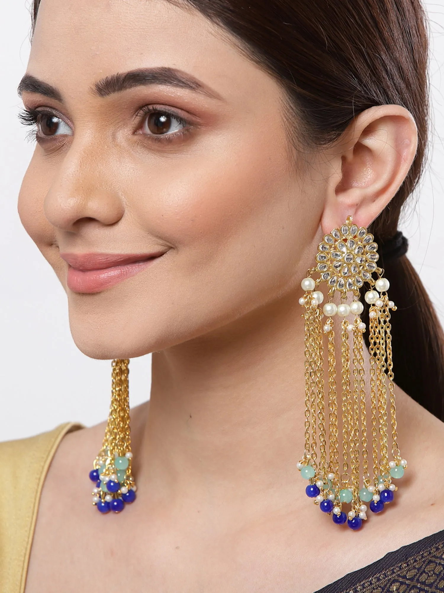Kundan Tassel Earrings with Blue Beads