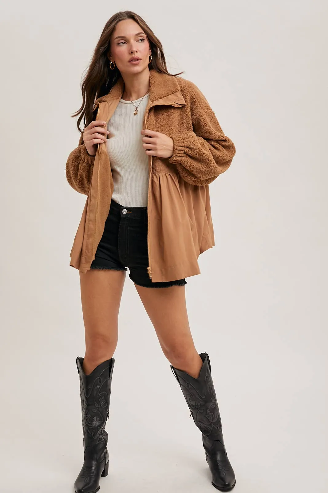 Latte Fleece Babydoll Zip-Up