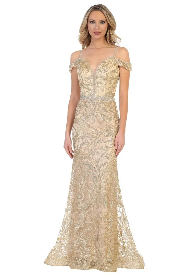 LF 7639 - Glitter Patterned Off the Shoulders Fit & flare Prom Gown with Illusion V-Neck Rhinestone Belt & Straps