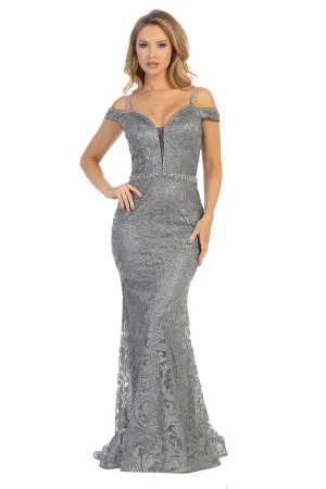 LF 7639 - Glitter Patterned Off the Shoulders Fit & flare Prom Gown with Illusion V-Neck Rhinestone Belt & Straps