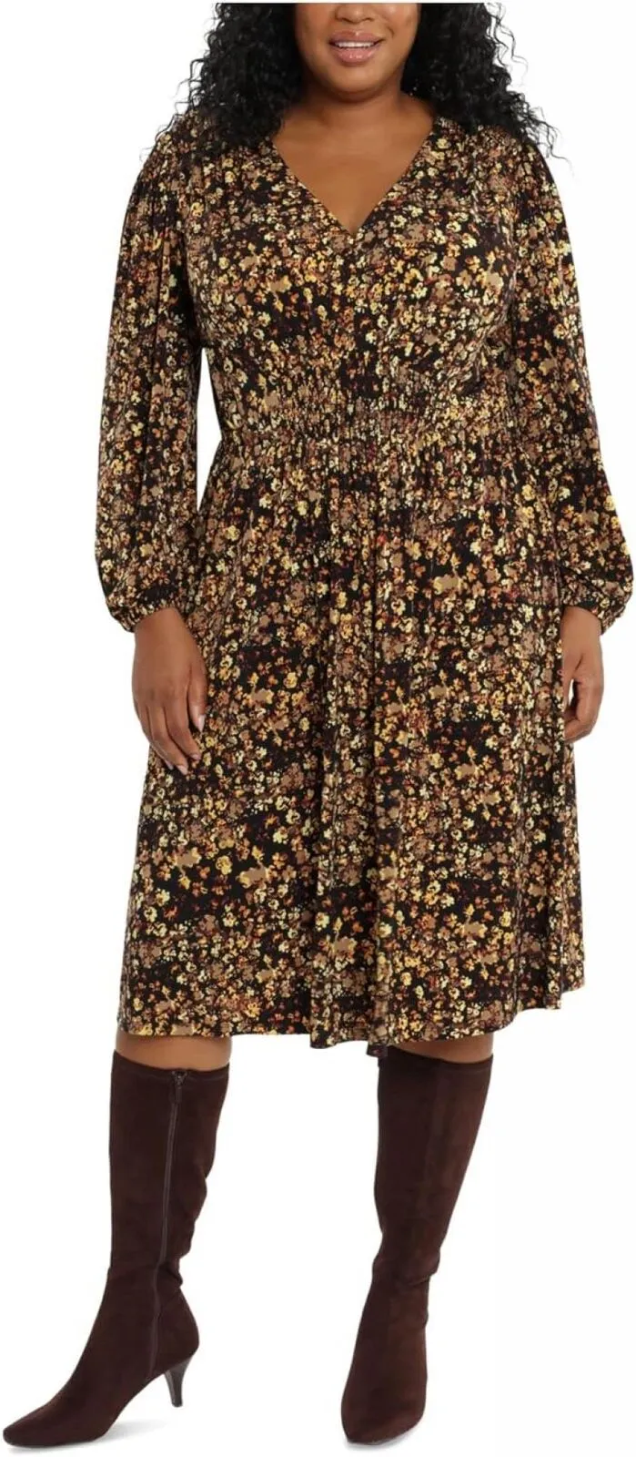 London Times Womens Plus Size V-Neck Smocked Bishop Sleeve Midi Dress T5953W
