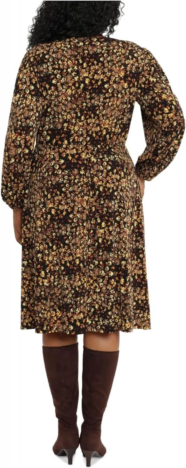 London Times Womens Plus Size V-Neck Smocked Bishop Sleeve Midi Dress T5953W