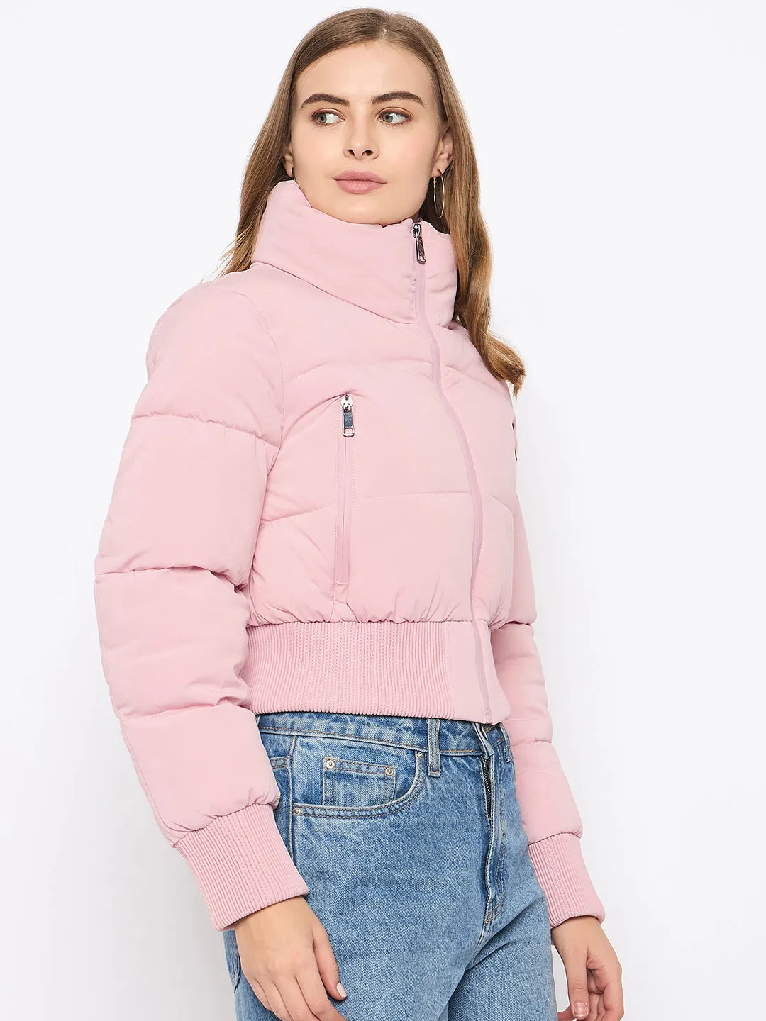 Madame Crop Rib Detailed Elasticated Waist Light Pink Quilted Jacket