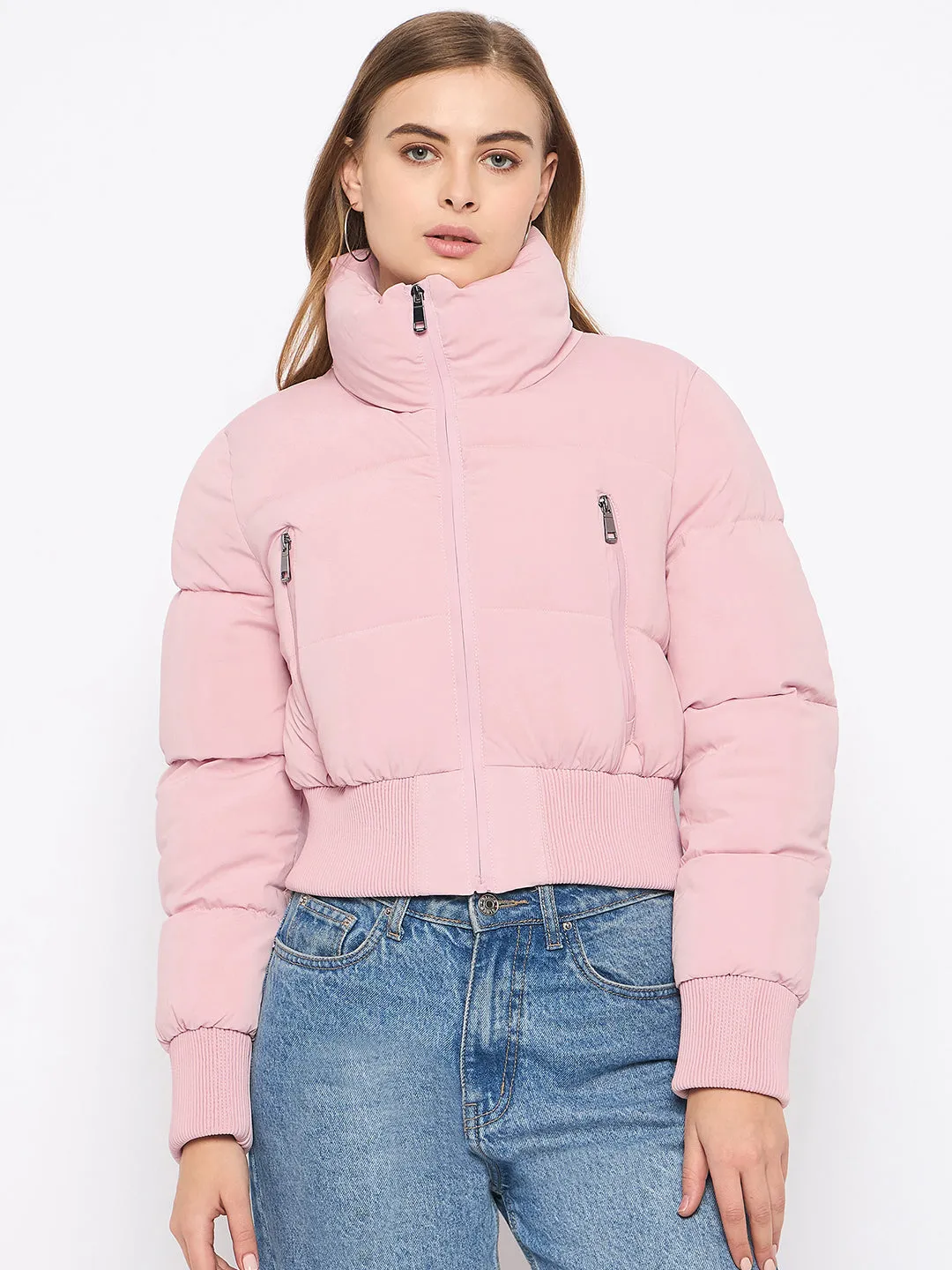 Madame Crop Rib Detailed Elasticated Waist Light Pink Quilted Jacket