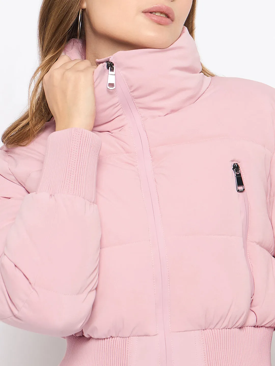 Madame Crop Rib Detailed Elasticated Waist Light Pink Quilted Jacket