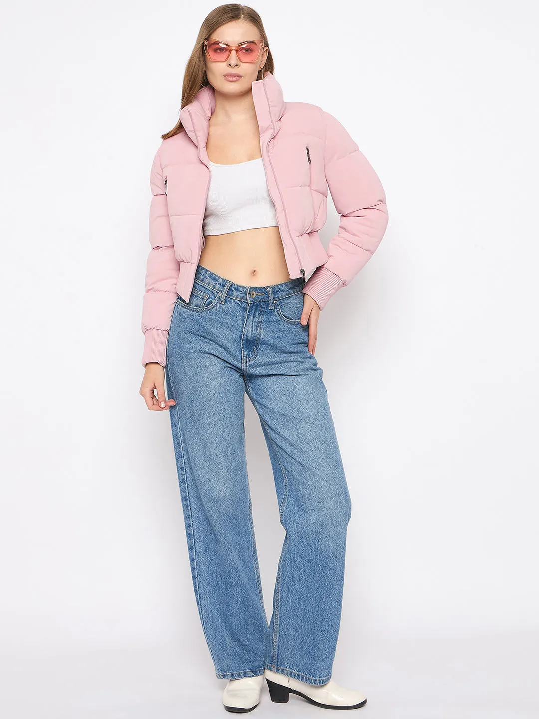 Madame Crop Rib Detailed Elasticated Waist Light Pink Quilted Jacket