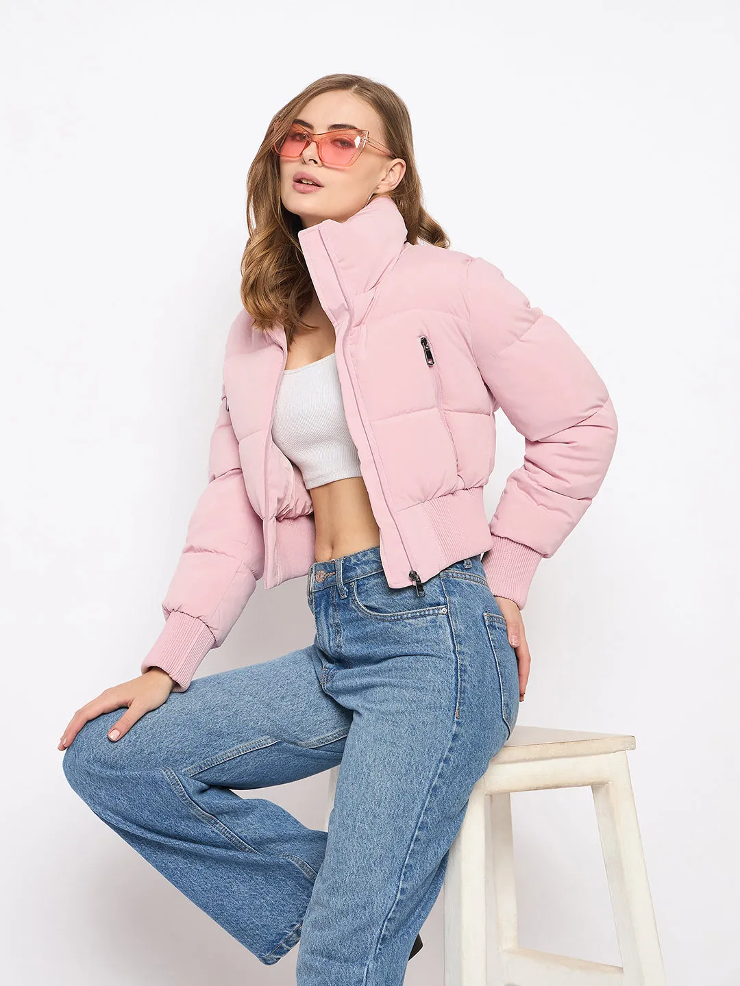 Madame Crop Rib Detailed Elasticated Waist Light Pink Quilted Jacket