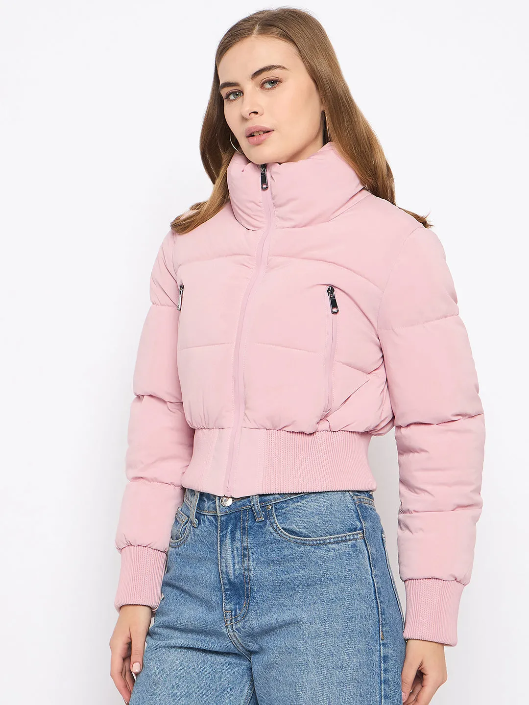 Madame Crop Rib Detailed Elasticated Waist Light Pink Quilted Jacket