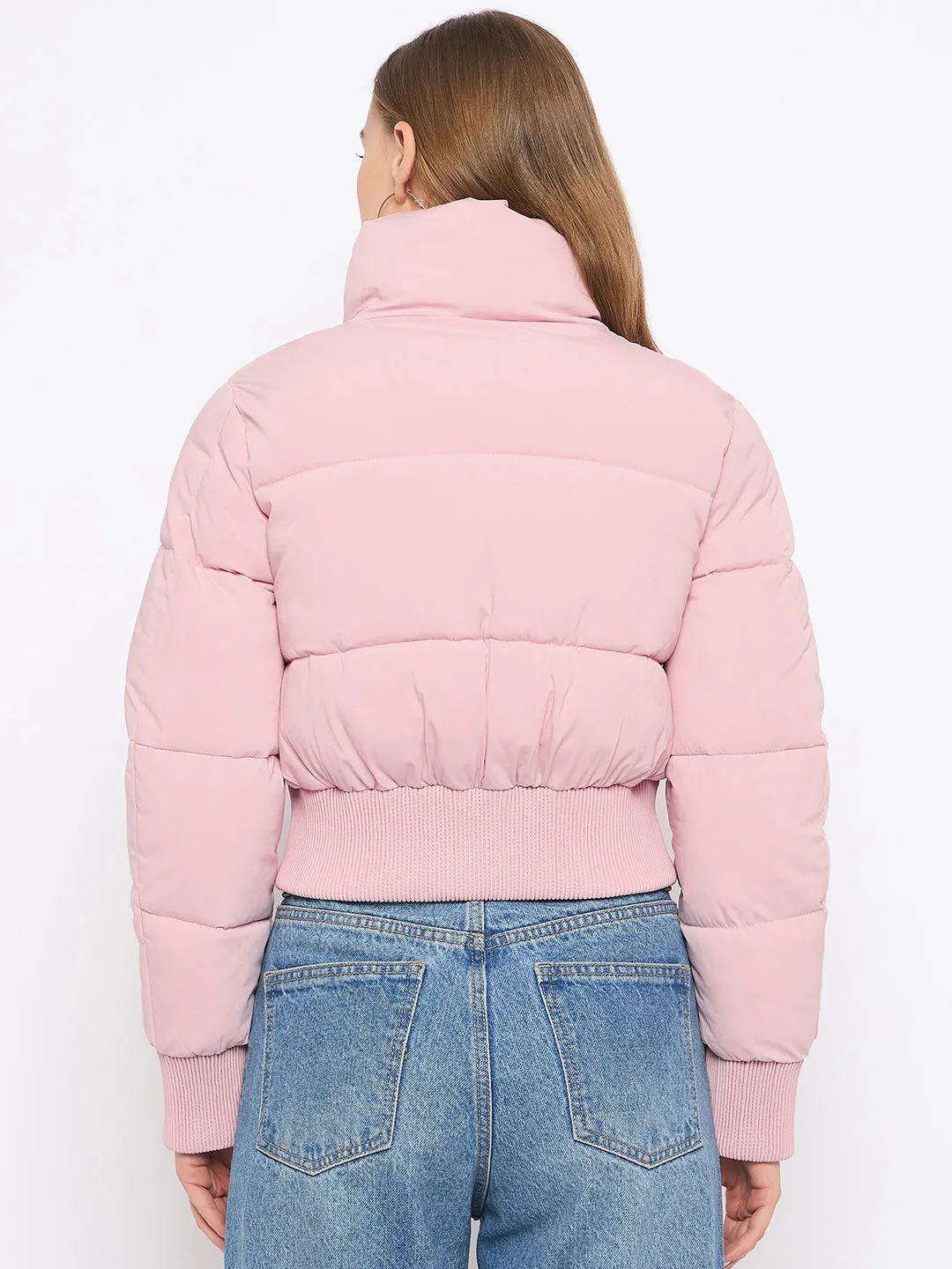 Madame Crop Rib Detailed Elasticated Waist Light Pink Quilted Jacket