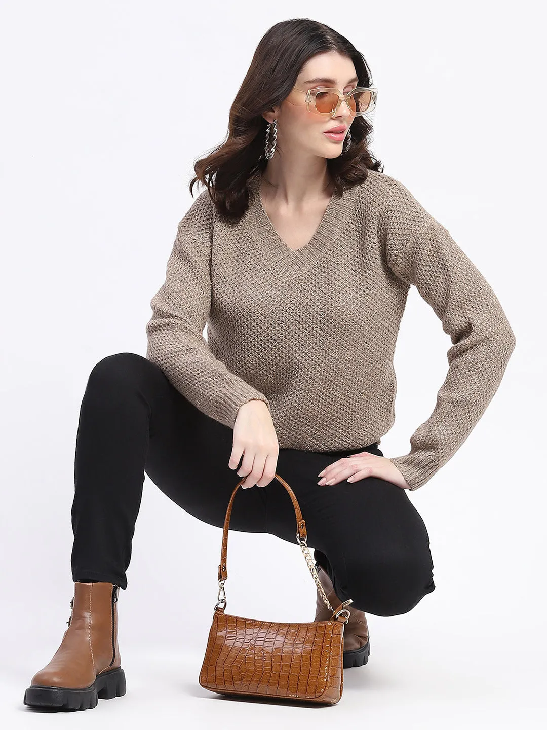 Madame Shimmery V Neck Relaxed Fit Brown Sweater