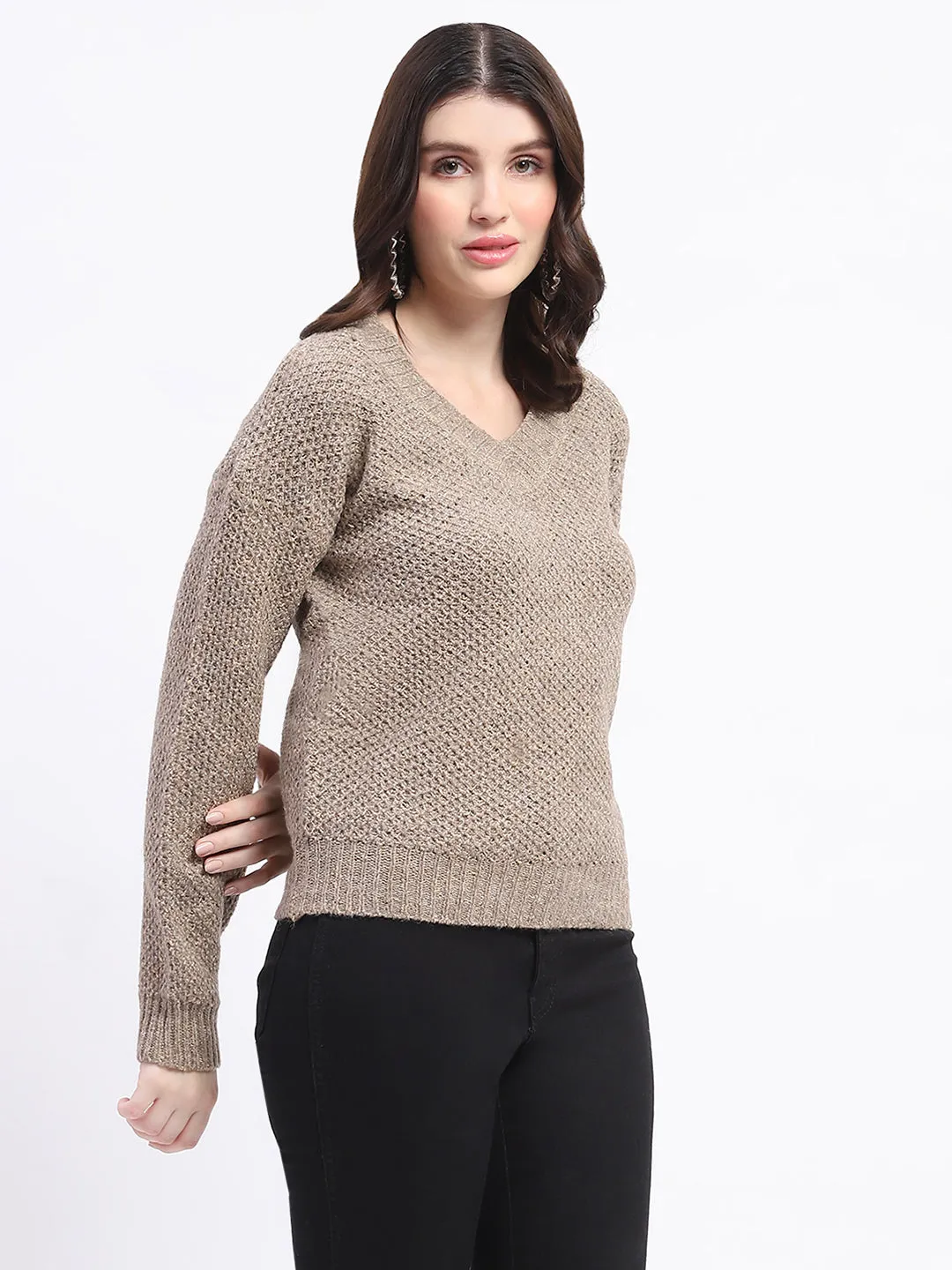 Madame Shimmery V Neck Relaxed Fit Brown Sweater