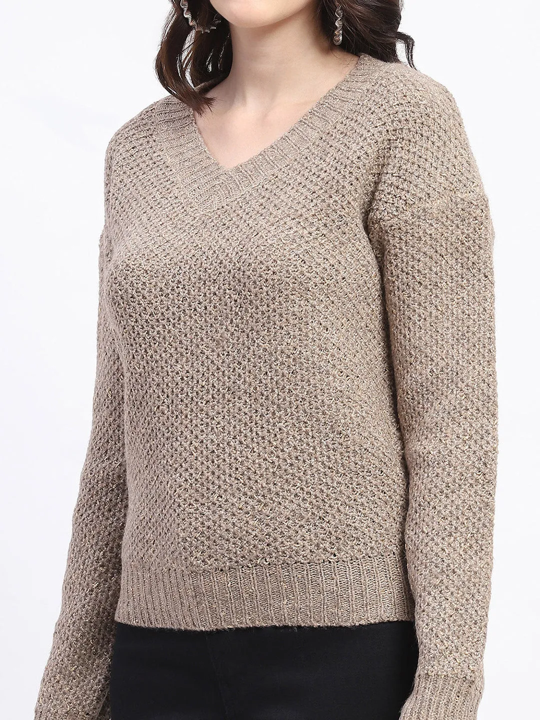 Madame Shimmery V Neck Relaxed Fit Brown Sweater