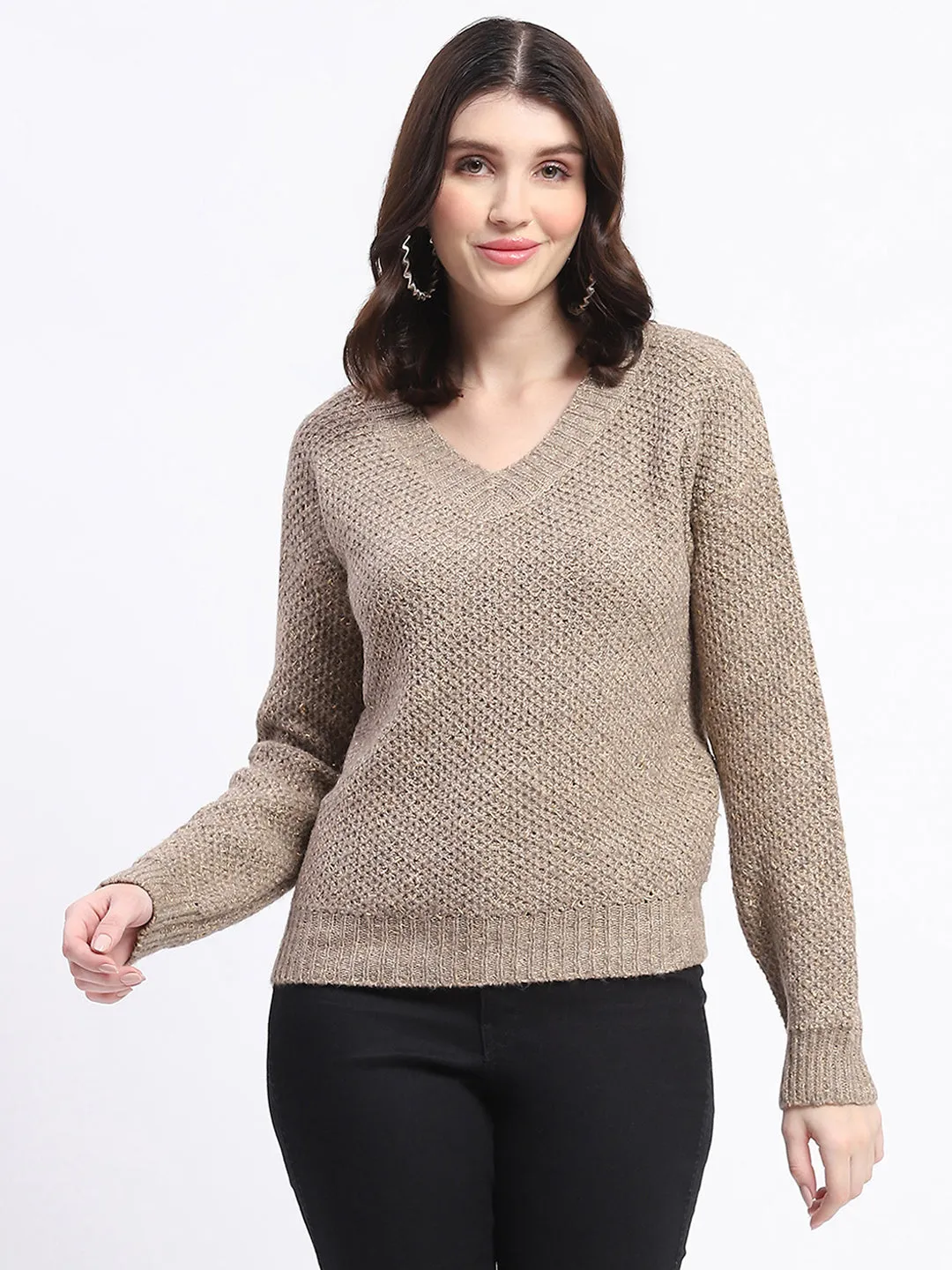 Madame Shimmery V Neck Relaxed Fit Brown Sweater
