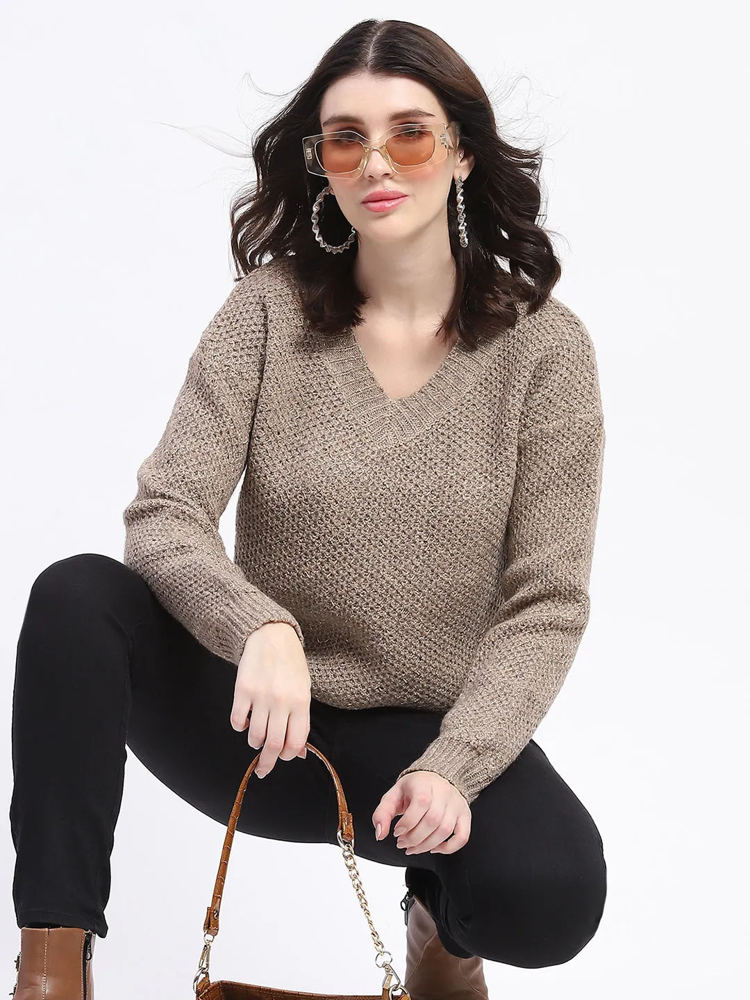 Madame Shimmery V Neck Relaxed Fit Brown Sweater