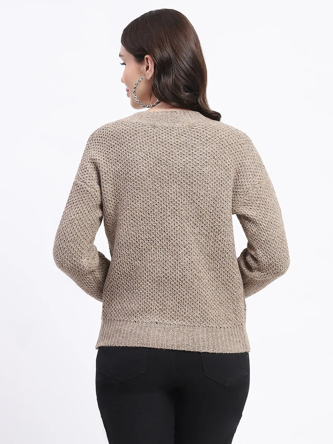 Madame Shimmery V Neck Relaxed Fit Brown Sweater