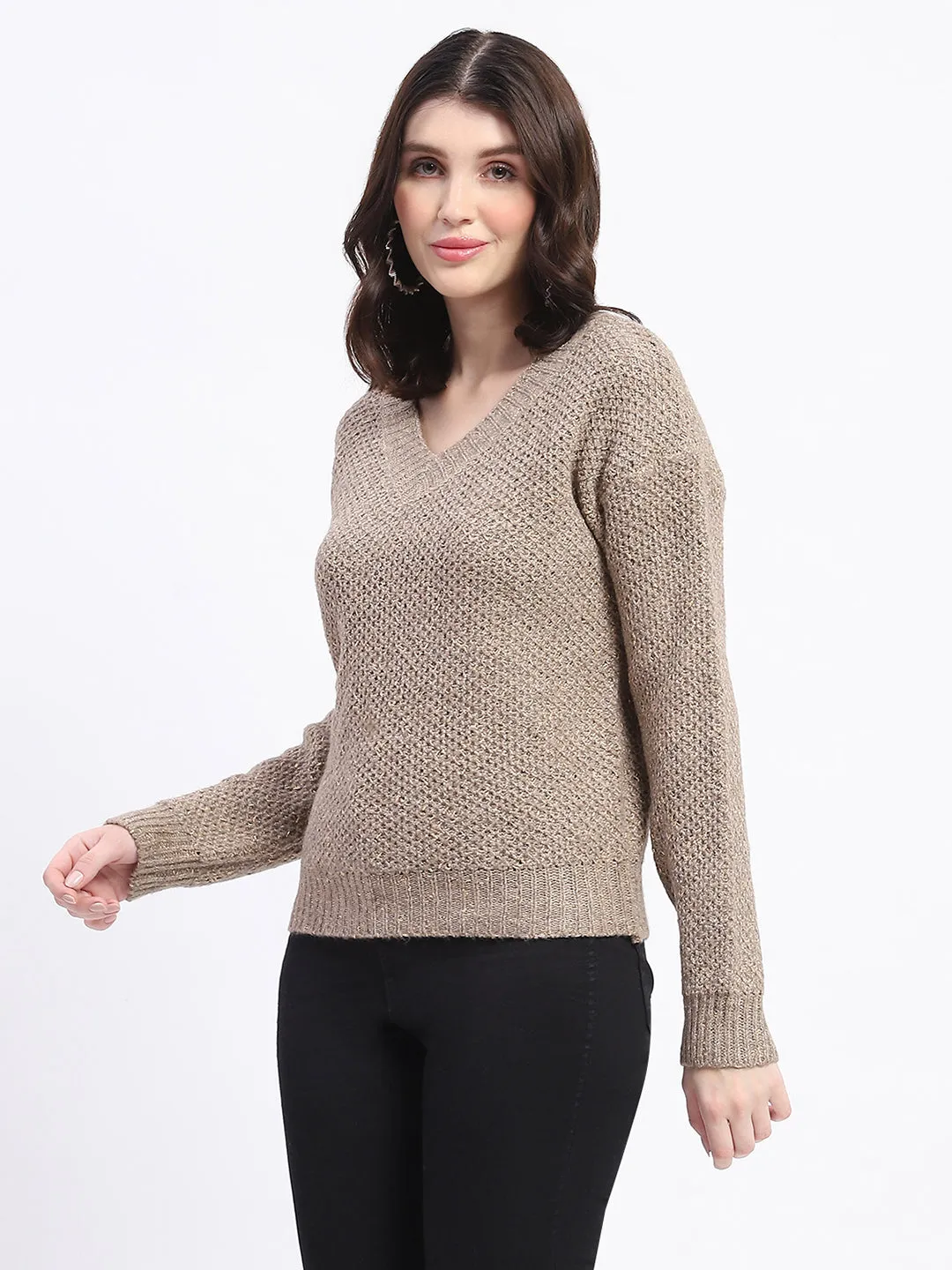 Madame Shimmery V Neck Relaxed Fit Brown Sweater