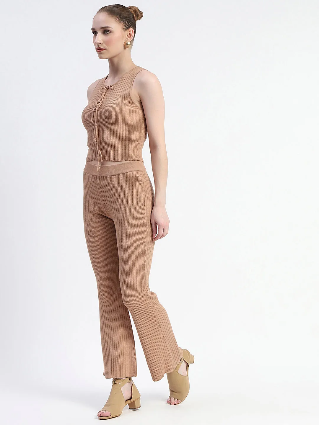 Madame Sleeveless Drawstring Detailed Top and Bottom Brown Co-ord Set
