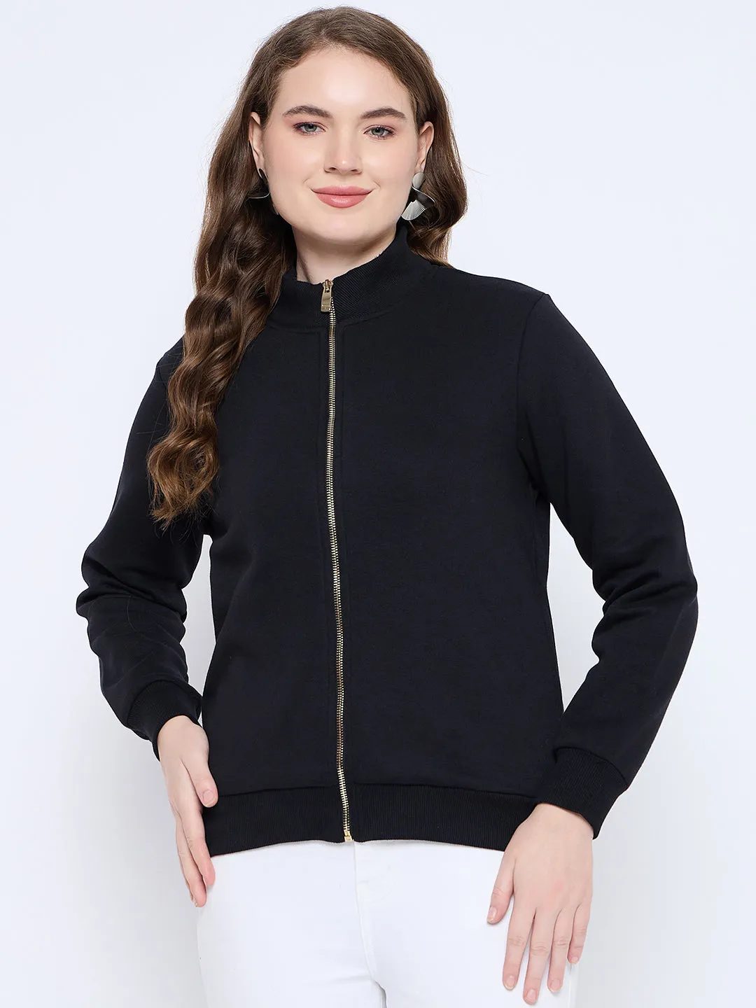 Madame Solid Black Elasticized Waist Gold Zipped Sweatshirt
