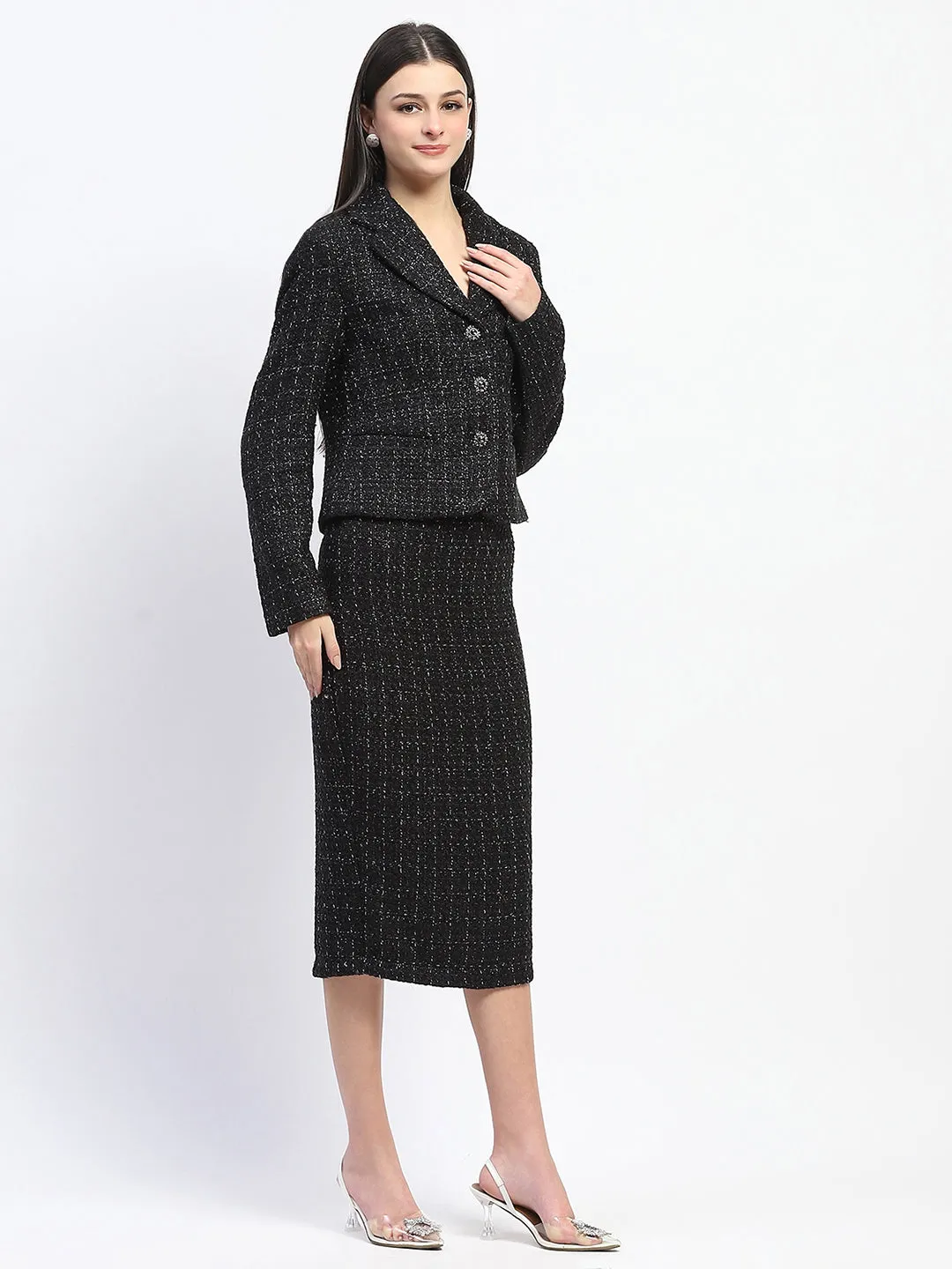 Madame Tweed Lapel Collared Top and Bottom Black Co-ord Set