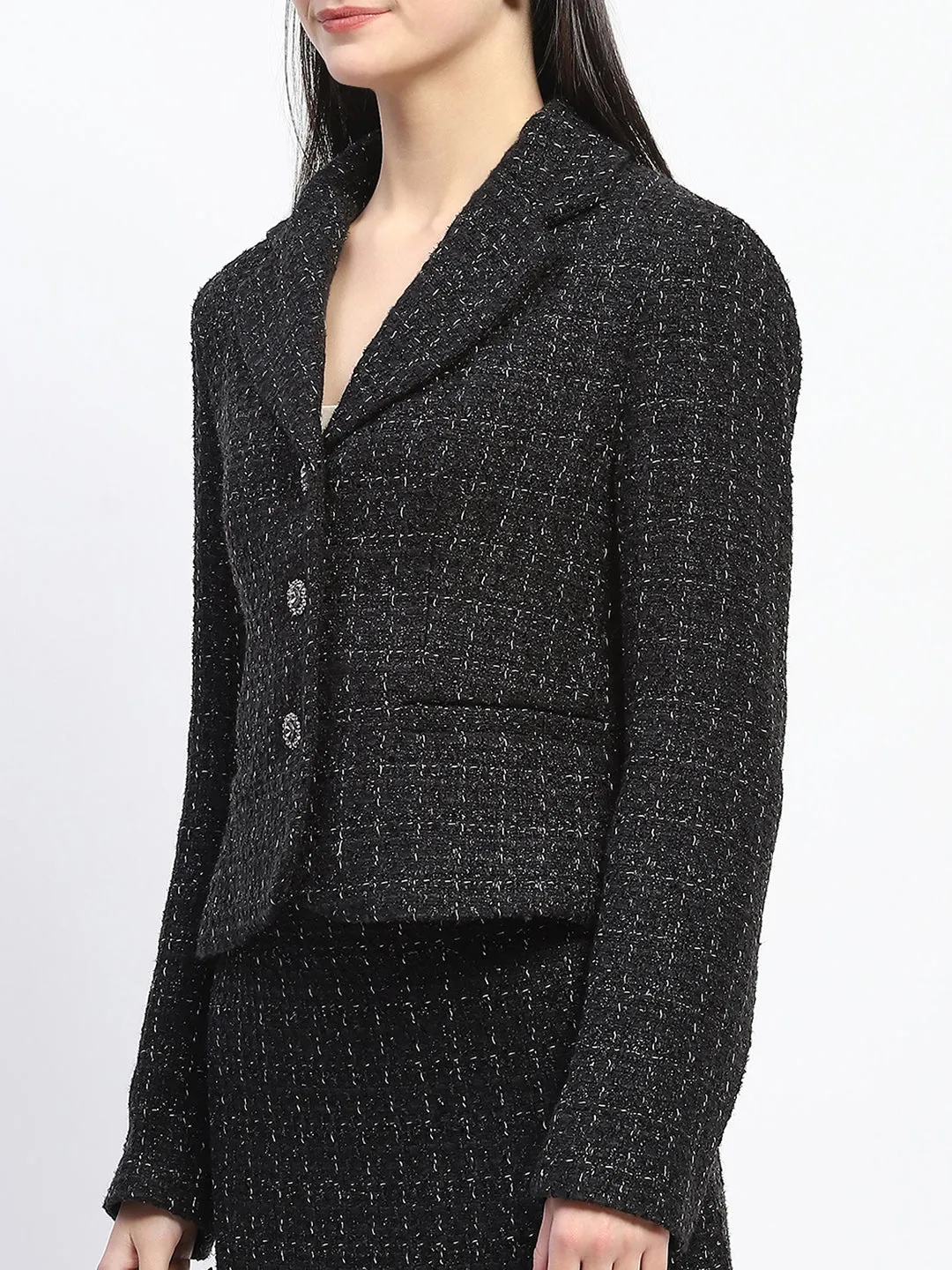 Madame Tweed Lapel Collared Top and Bottom Black Co-ord Set